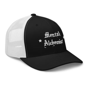 retro trucker hat black white, with image phrase: "Mental Alchemist." side view.