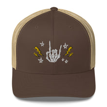 Load image into Gallery viewer, retro trucker hat/cap brown khaki, with image design of rock on skeleton hand, pentagram stars, lightning symbols. Front view.
