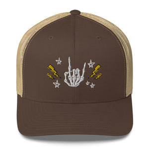 retro trucker hat/cap brown khaki, with image design of rock on skeleton hand, pentagram stars, lightning symbols. Front view.