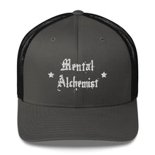 Load image into Gallery viewer, retro trucker hat charcoal grey black, with image phrase: &quot;Mental Alchemist.&quot; Front view.
