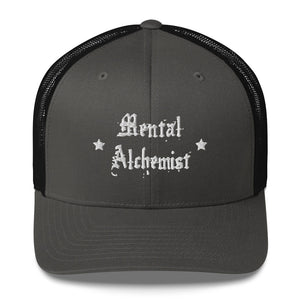 retro trucker hat charcoal grey black, with image phrase: "Mental Alchemist." Front view.