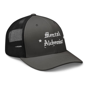 retro trucker hat charcoal grey black, with image phrase: "Mental Alchemist." side view.