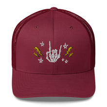 Load image into Gallery viewer, retro trucker hat/cap cranberry red , with image design of rock on skeleton hand, pentagram stars, lightning symbols. Front view.
