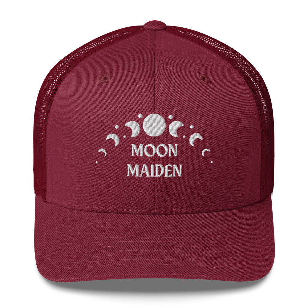 retro trucker hat/cap cranberry red, with image phrase "Moon Maiden," with moon phases. Front view.