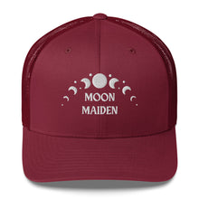 Load image into Gallery viewer, retro trucker hat/cap cranberry red, with image phrase &quot;Moon Maiden,&quot; with moon phases. Front view.
