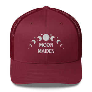 retro trucker hat/cap cranberry red, with image phrase "Moon Maiden," with moon phases. Front view.