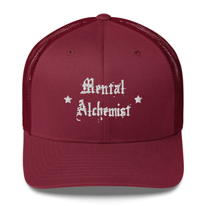 retro trucker hat cranberry red, with image phrase: "Mental Alchemist." Front view.