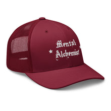 Load image into Gallery viewer, retro trucker hat cranberry red, with image phrase: &quot;Mental Alchemist.&quot; side view.
