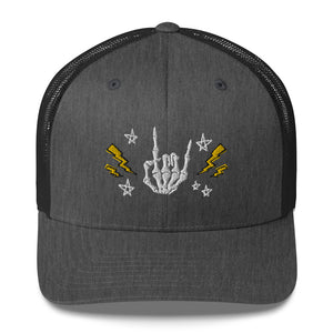 retro trucker hat/cap dark grey heather , with image design of rock on skeleton hand, pentagram stars, lightning symbols. Front view.