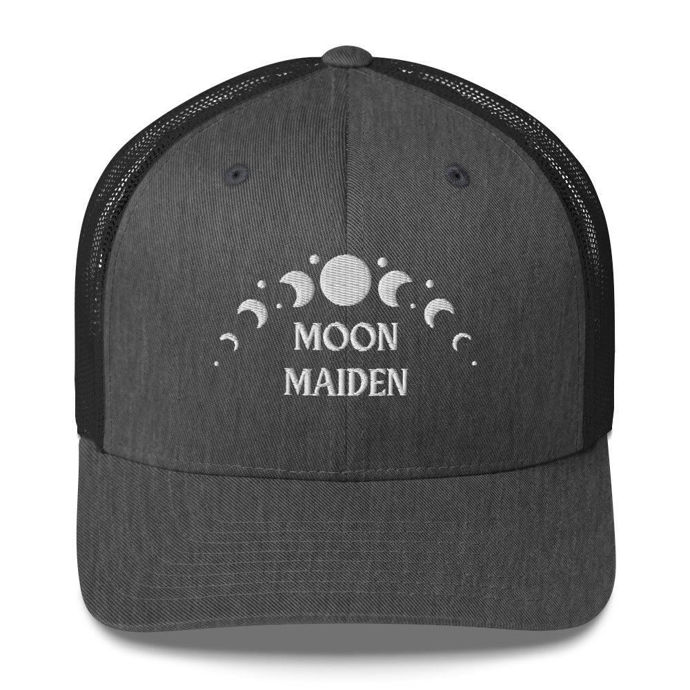 retro trucker hat/cap dark grey heather, with image phrase "Moon Maiden," with moon phases. Front view.
