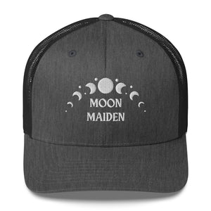 retro trucker hat/cap dark grey heather, with image phrase "Moon Maiden," with moon phases. Front view.