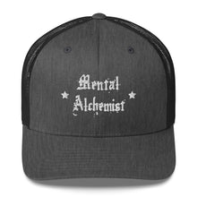 Load image into Gallery viewer, retro trucker hat dark heather grey, with image phrase: &quot;Mental Alchemist.&quot; Front view.
