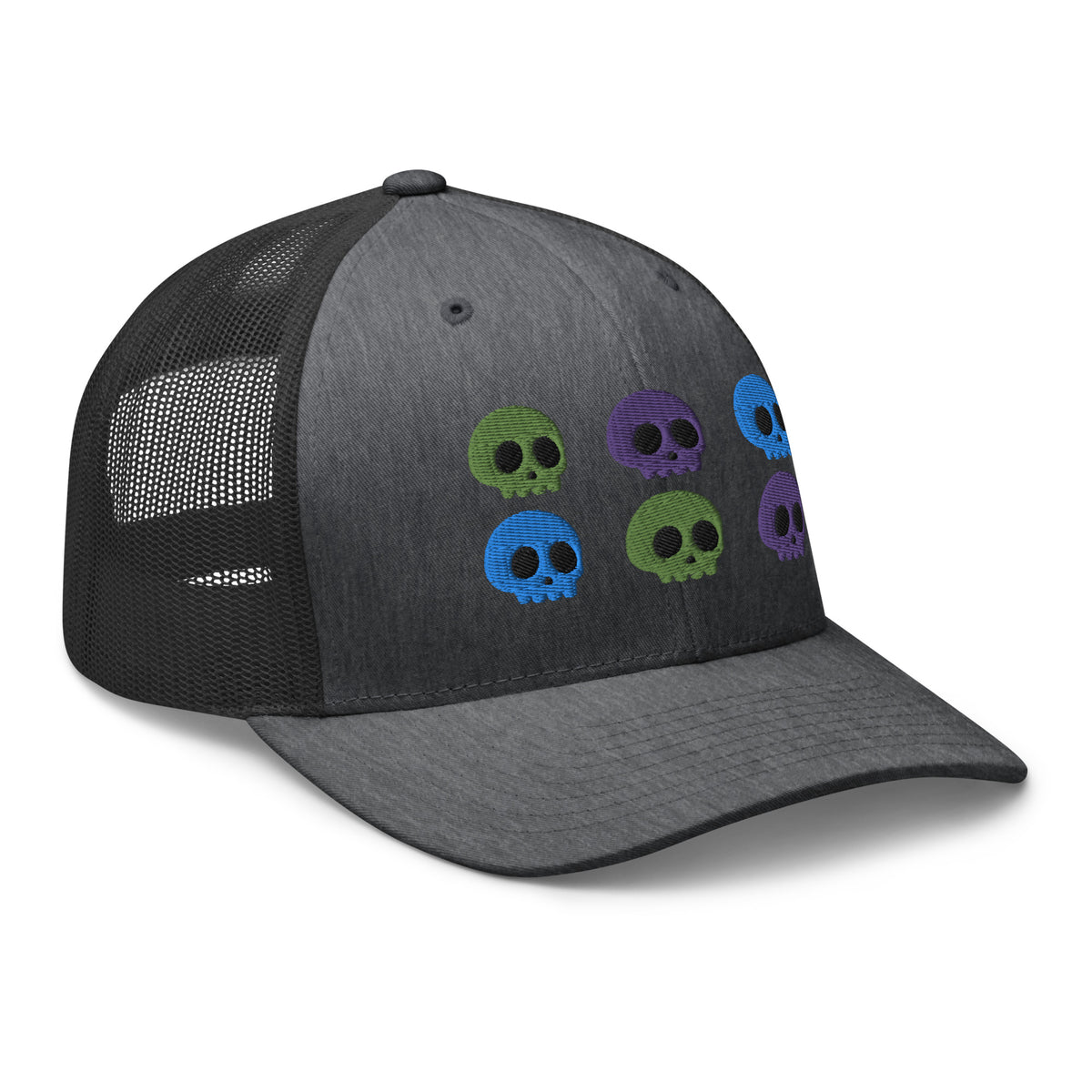 retro trucker hat dark grey heather , with image design of 6 purple, green, and blue skulls, 2 of each color, in two rows.  side view.