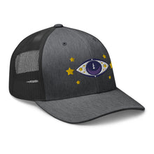 Load image into Gallery viewer, retro trucker hat dark grey heather, with image graphic: purple eye of protection/evil eye, with yellow stars. Side view
