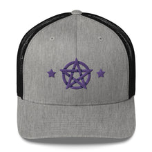 Load image into Gallery viewer, retro trucker hat/cap heather grey black , with image design of purple pentacle and stars.  Front view.
