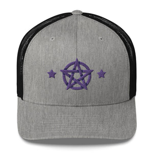 retro trucker hat/cap heather grey black , with image design of purple pentacle and stars.  Front view.