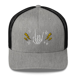 retro trucker hat/cap heather grey black , with image design of rock on skeleton hand, pentagram stars, lightning symbols. Front view.