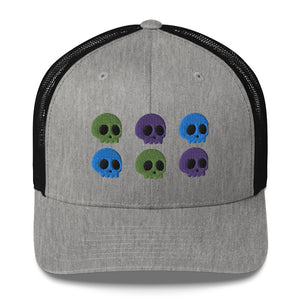 retro trucker hat heather grey black, with image design of 6 purple, green, and blue skulls, 2 of each color, in two rows.  Front view.