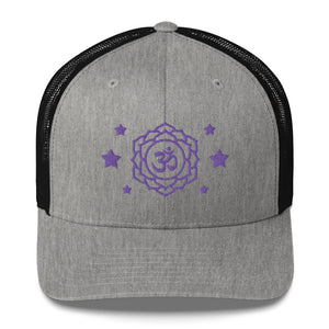 retro trucker hat heather grey black , with image design of purple third eye chakra symbol, and stars.  Front view.