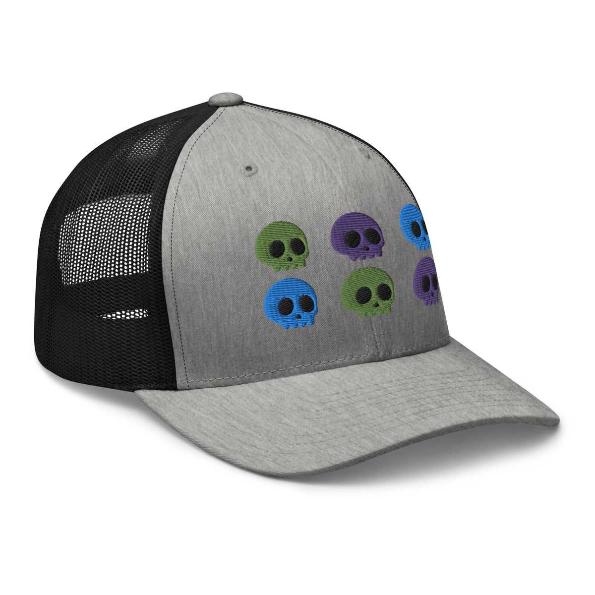 retro trucker hat heather grey black , with image design of 6 purple, green, and blue skulls, 2 of each color, in two rows.  side view.