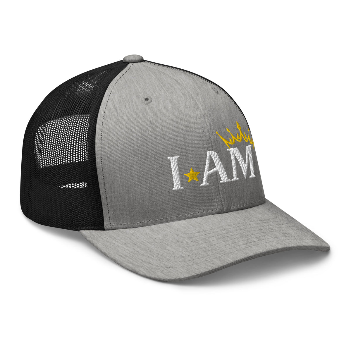 retro trucker hat heather grey black, with image phrase: "I AM," with image graphic of a gold crown over the letter M. side view.