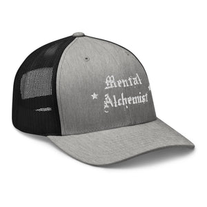 retro trucker hat heather grey black, with image phrase: "Mental Alchemist." side view.