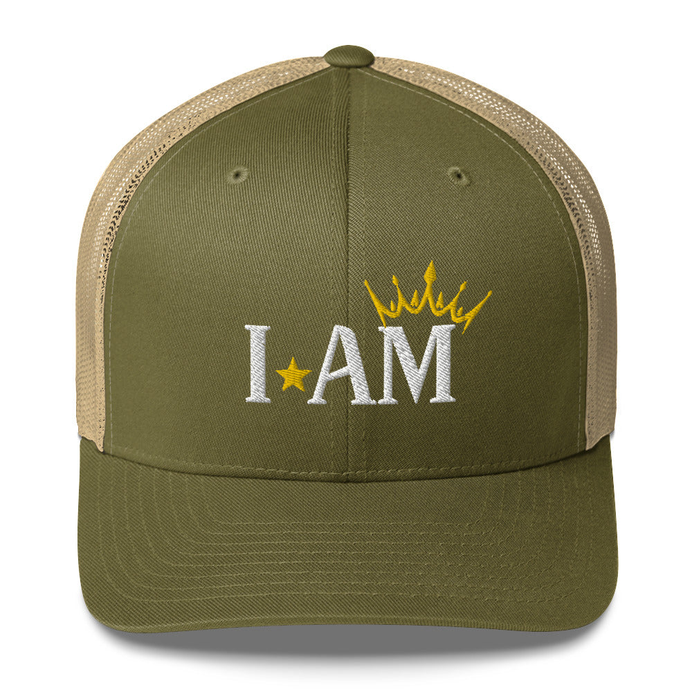 retro trucker hat moss green khaki, with image phrase: "I AM," with image graphic of a gold crown over the letter M. Front view.