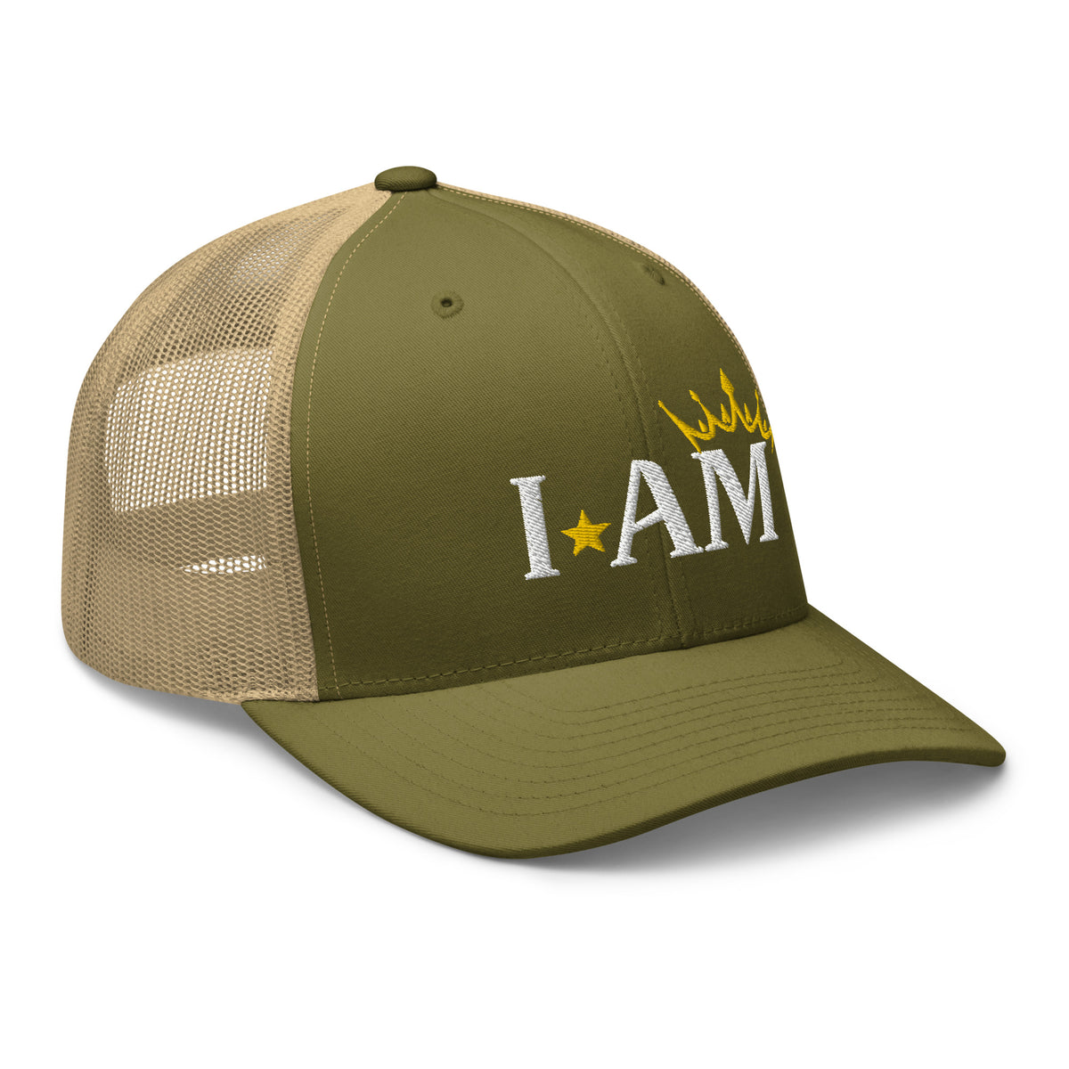 retro trucker hat moss green khaki, with image phrase: "I AM," with image graphic of a gold crown over the letter M. side view.