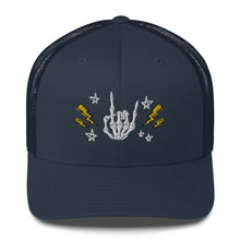 Load image into Gallery viewer, retro trucker hat/cap navy blue , with image design of rock on skeleton hand, pentagram stars, lightning symbols. Front view.
