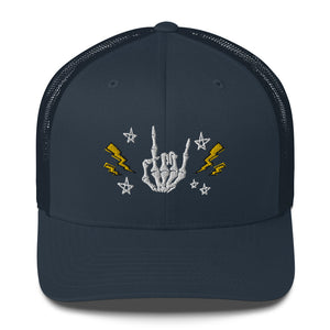 retro trucker hat/cap navy blue , with image design of rock on skeleton hand, pentagram stars, lightning symbols. Front view.