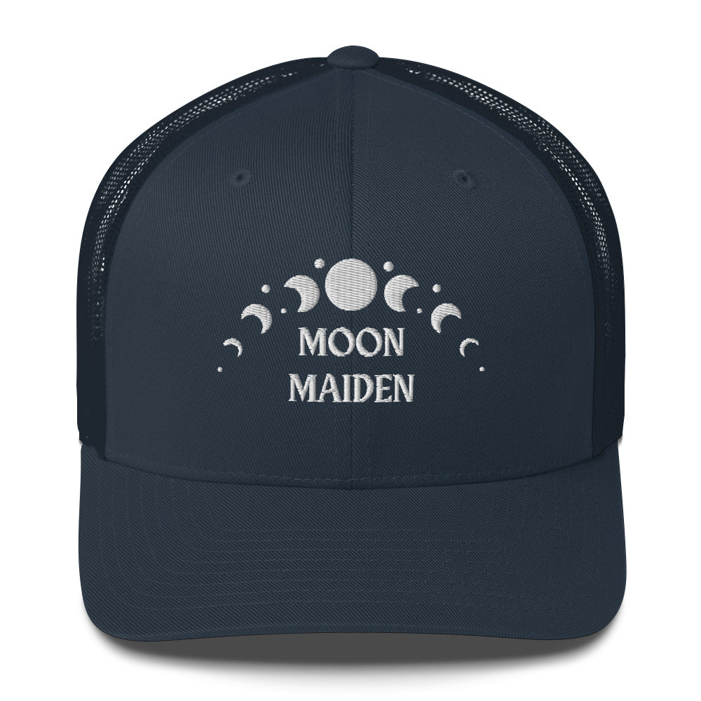 retro trucker hat/cap navy blue , with image phrase "Moon Maiden," with moon phases. Front view.