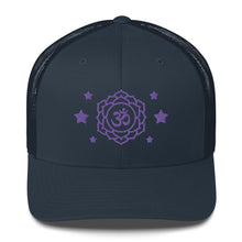 Load image into Gallery viewer, retro trucker hat navy blue , with image design of purple third eye chakra symbol, and stars.  Front view.
