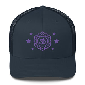 retro trucker hat navy blue , with image design of purple third eye chakra symbol, and stars.  Front view.