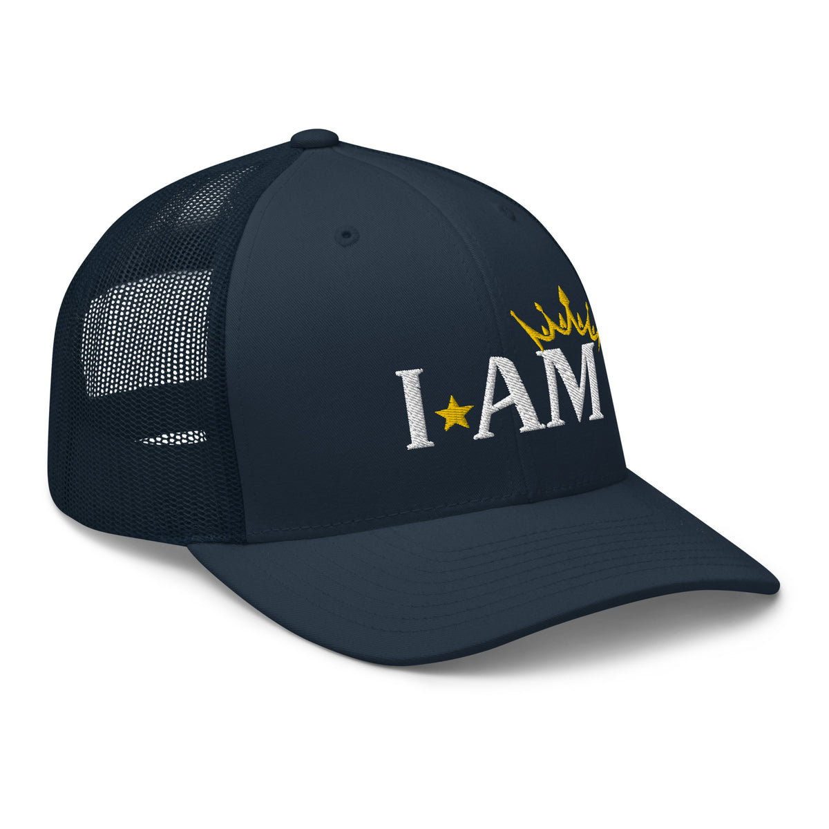 retro trucker hat navy blue, with image phrase: "I AM," with image graphic of a gold crown over the letter M. side view.