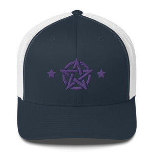 retro trucker hat/cap navy blue white, with image design of purple pentacle and stars.  Front view.