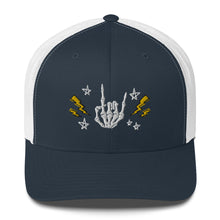 Load image into Gallery viewer, retro trucker hat/cap navy blue white , with image design of rock on skeleton hand, pentagram stars, lightning symbols. Front view.
