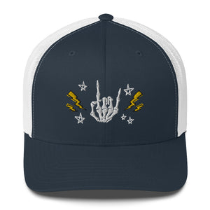 retro trucker hat/cap navy blue white , with image design of rock on skeleton hand, pentagram stars, lightning symbols. Front view.