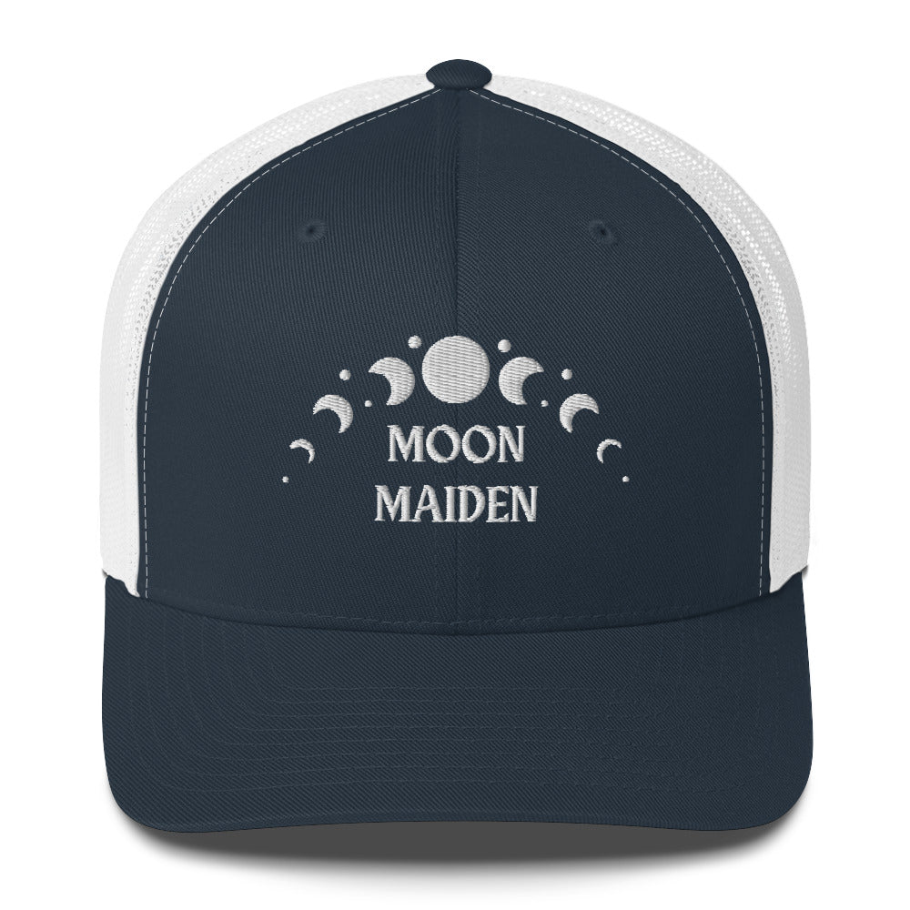 retro trucker hat/cap navy blue white, with image phrase "Moon Maiden," with moon phases. Front view.