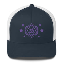 Load image into Gallery viewer, retro trucker hat navy blue white , with image design of purple third eye chakra symbol, and stars.  Front view.
