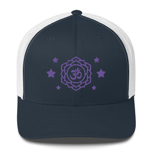 retro trucker hat navy blue white , with image design of purple third eye chakra symbol, and stars.  Front view.