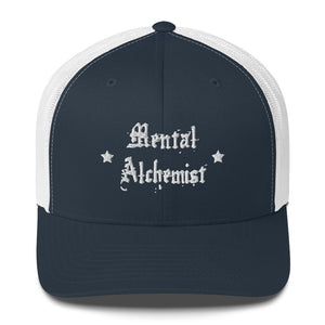 retro trucker hat navy blue white, with image phrase: "Mental Alchemist." Front view.