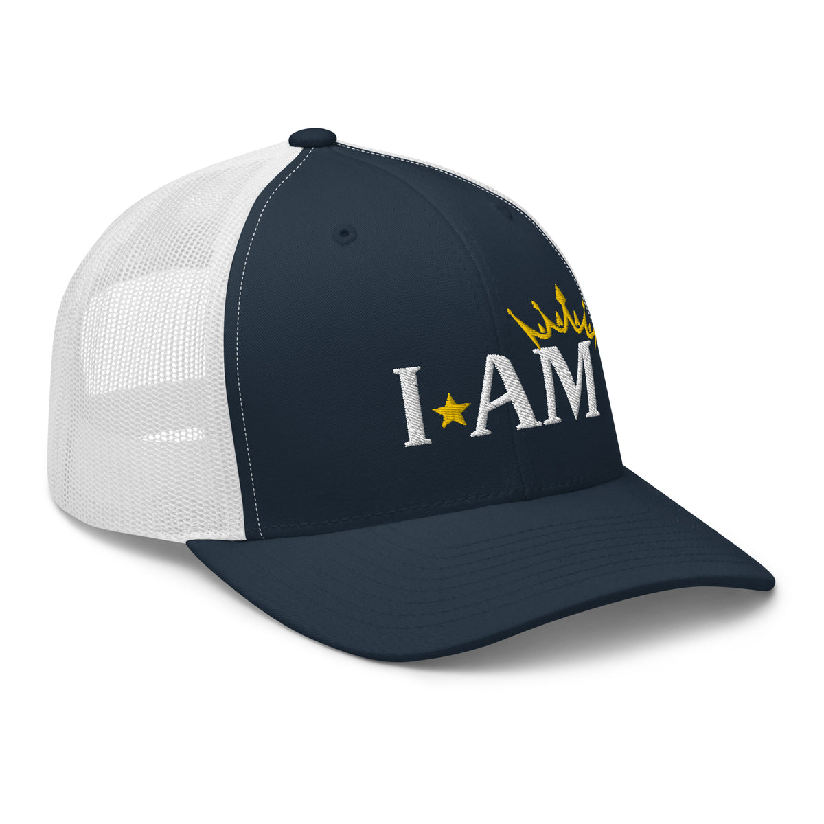 retro trucker hat navy blue white, with image phrase: "I AM," with image graphic of a gold crown over the letter M. side view.