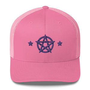 retro trucker hat/cap pink , with image design of purple pentacle and stars.  Front view.