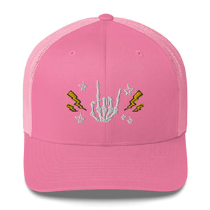 retro trucker hat/cap pink, with image design of rock on skeleton hand, pentagram stars, lightning symbols. Front view.