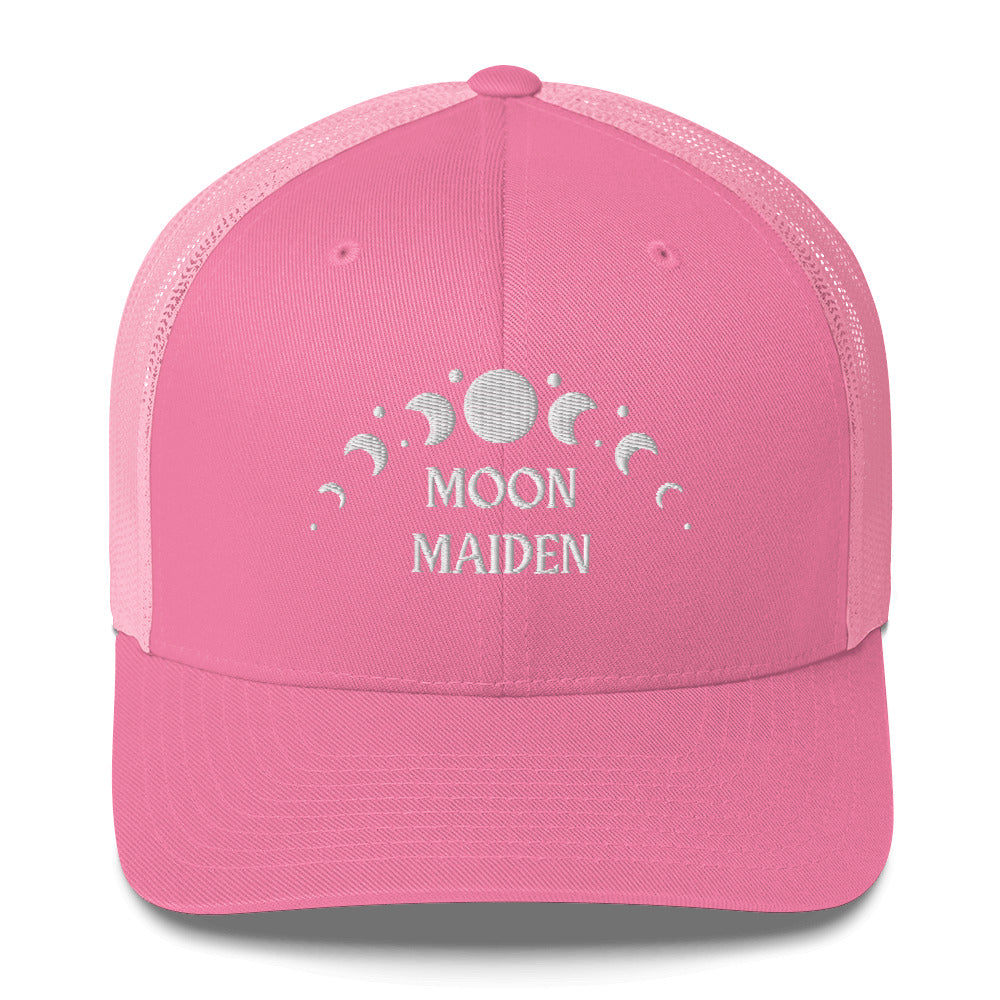 retro trucker hat/cap pink , with image phrase "Moon Maiden," with moon phases. Front view.