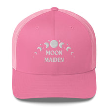 Load image into Gallery viewer, retro trucker hat/cap pink , with image phrase &quot;Moon Maiden,&quot; with moon phases. Front view.
