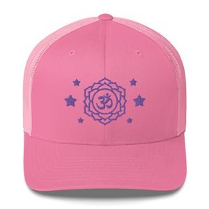 retro trucker hat pink , with image design of purple third eye chakra symbol, and stars.  Front view.