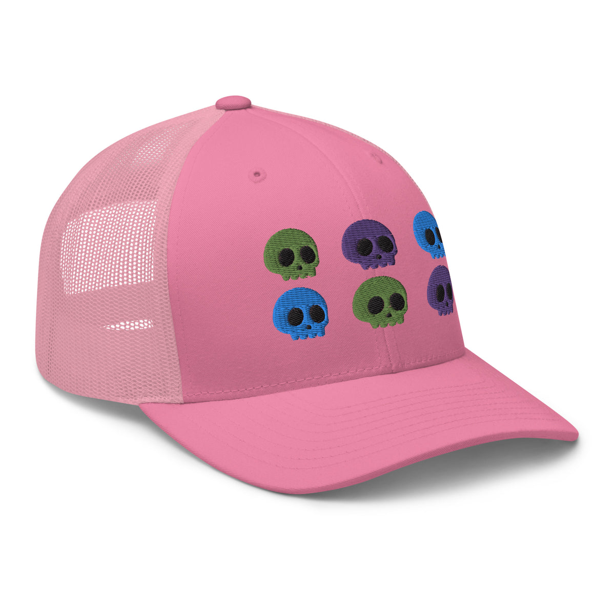 retro trucker hat pink, with image design of 6 purple, green, and blue skulls, 2 of each color, in two rows.  side view.
