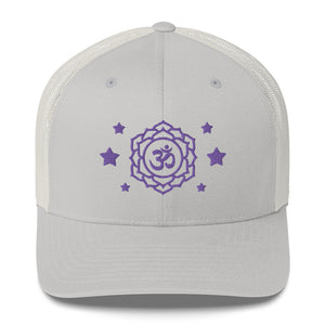 retro trucker hat silver , with image design of purple third eye chakra symbol, and stars.  Front view.