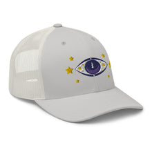 Load image into Gallery viewer, retro trucker hat silver, with image graphic: purple eye of protection/evil eye, with yellow stars. Side view.
